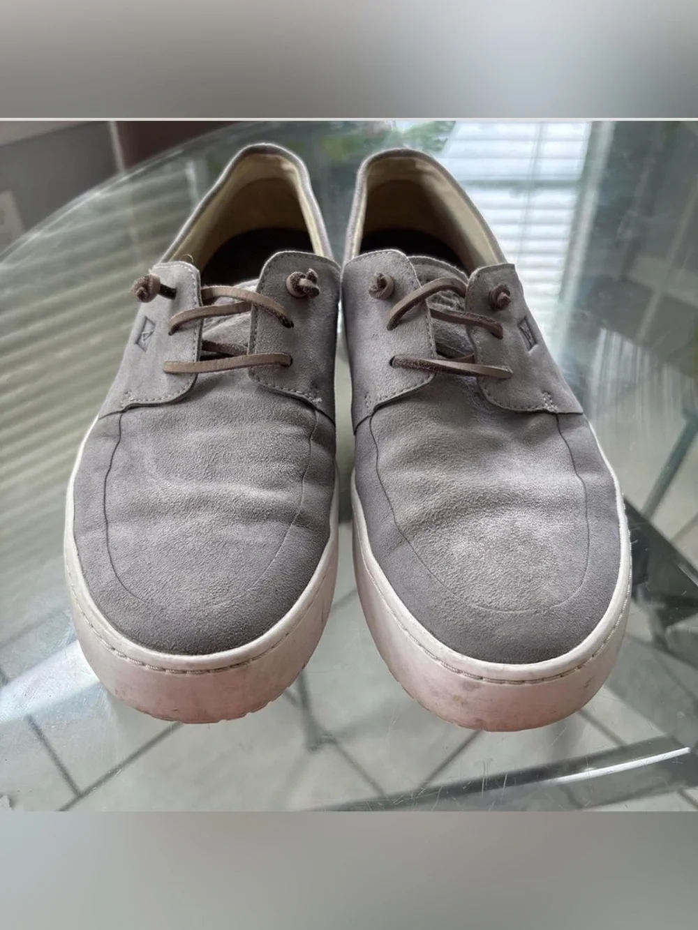 Sperry Men's Light Gray Suede Boat Shoes with White Sole